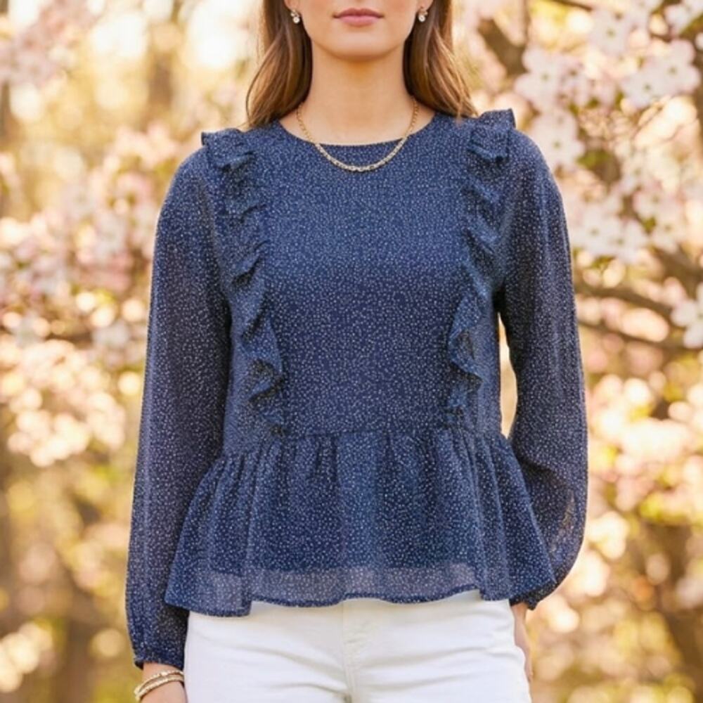 H&M Blue & White Speckled Peplum Ruffle Blouse 6 (small) NWT